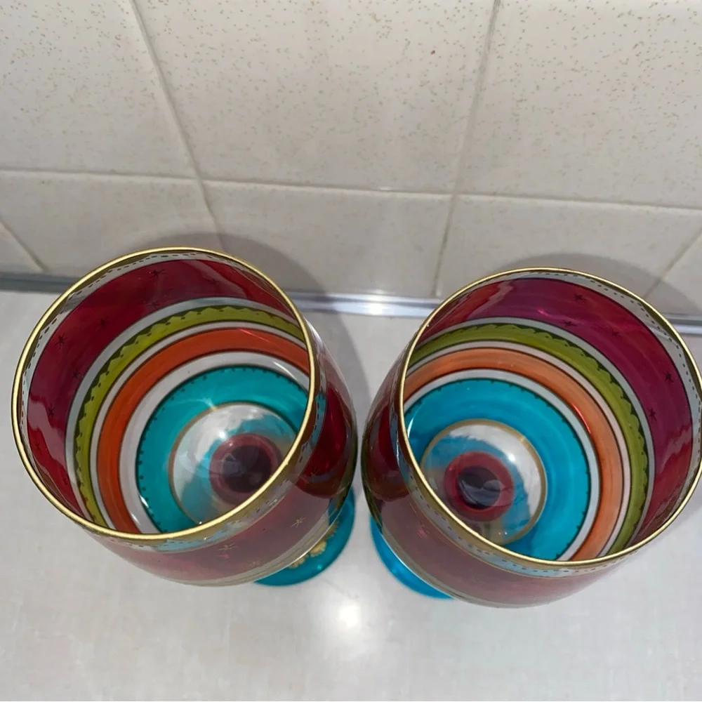 Pier 1 Festive Holiday Stripe Red Gold Purple Blue Wine Glass Set Hand‎ Painted